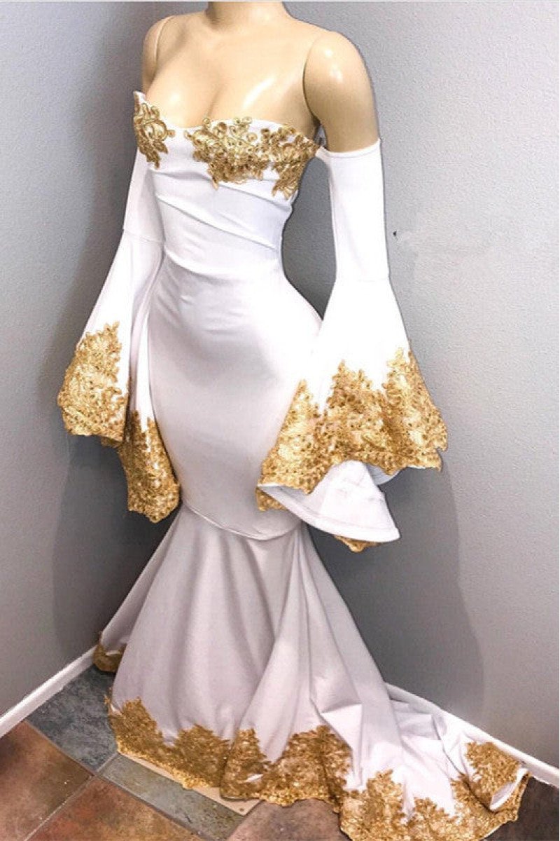 Chic White Sweetheart Long Sleeves Mermaid Prom Dresses With Appliques