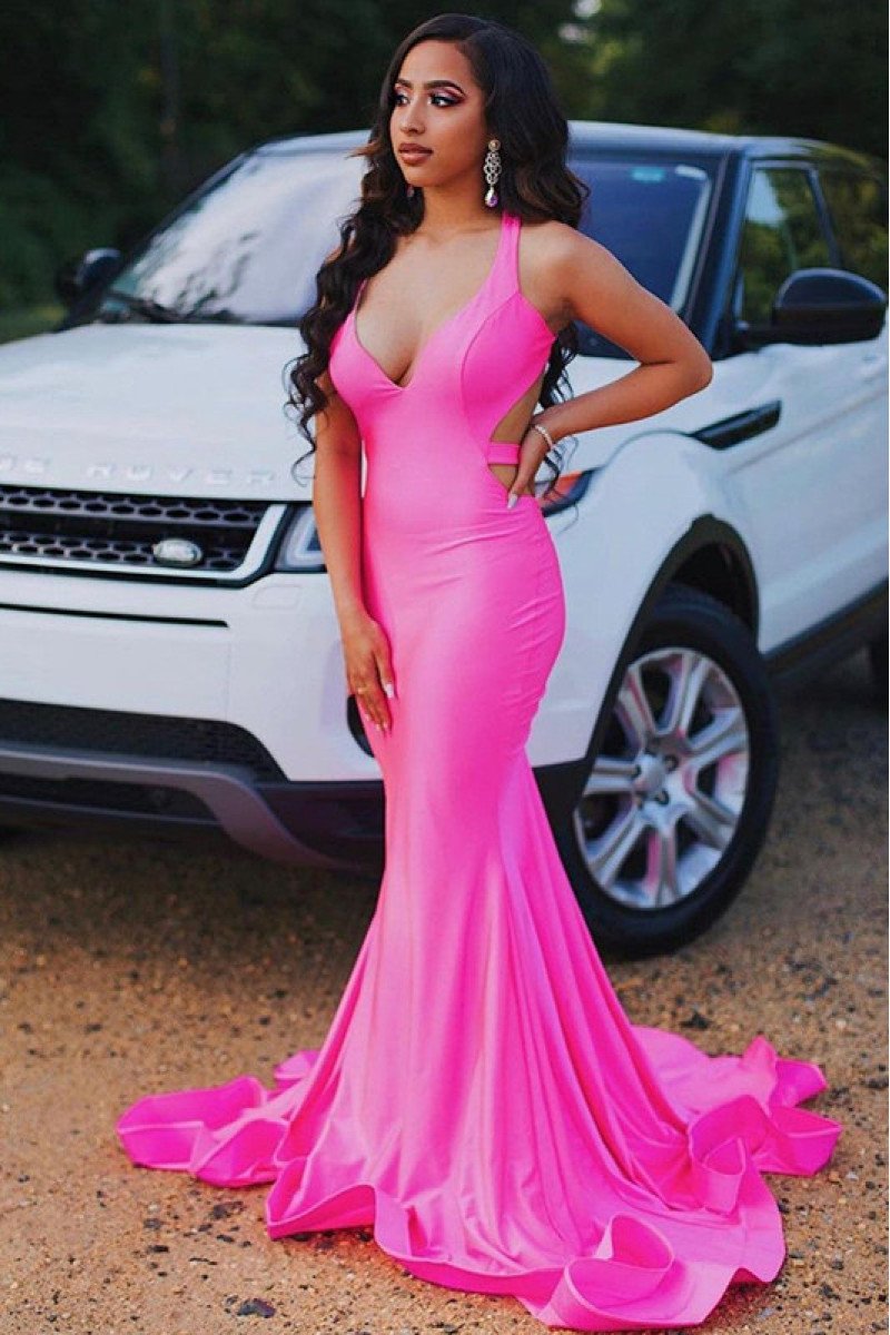 Charming Fuchsia V-neck Open Back Ruffles Sheath Prom Dresses