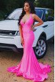 Charming Fuchsia V-neck Open Back Ruffles Sheath Prom Dresses