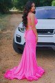 Charming Fuchsia V-neck Open Back Ruffles Sheath Prom Dresses