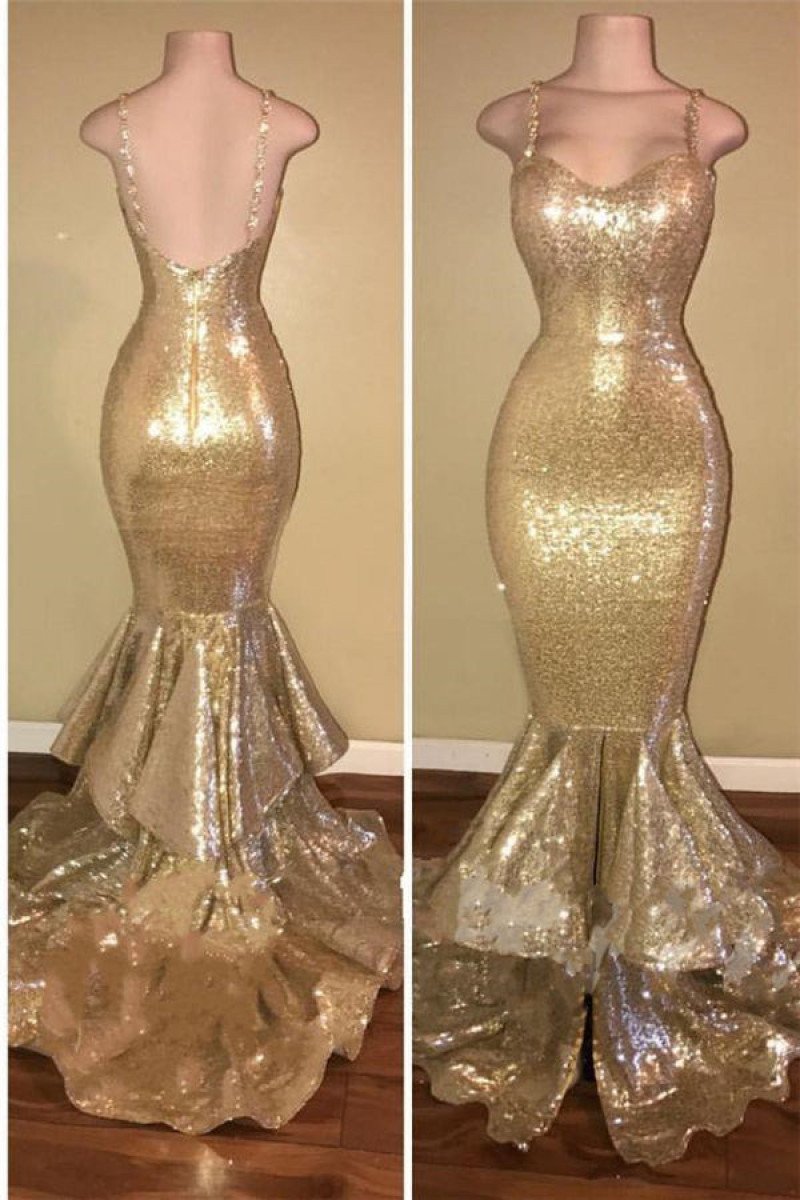 Sparkle Gold Spaghetti Strap Open Back Sequins Mermaid Prom Dresses