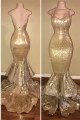 Sparkle Gold Spaghetti Strap Open Back Sequins Mermaid Prom Dresses