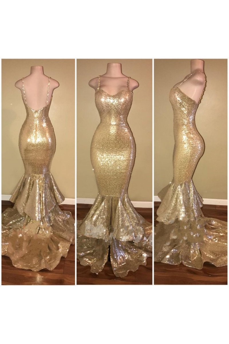 Sparkle Gold Spaghetti Strap Open Back Sequins Mermaid Prom Dresses