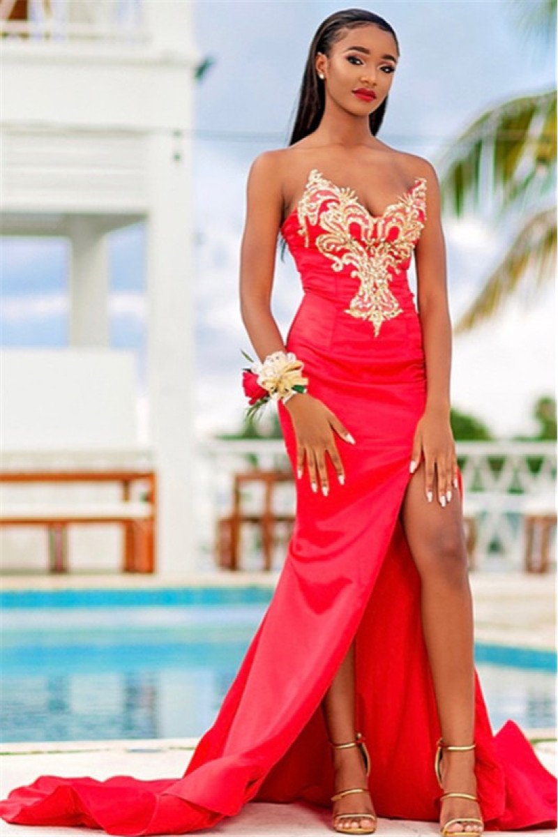 Modern Red Sweetheart Sleeveless Mermaid Prom Dresses With Appliques