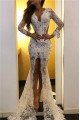 Sexy White V-neck Long Sleeves Front Slit Lace Mermaid Prom Dresses