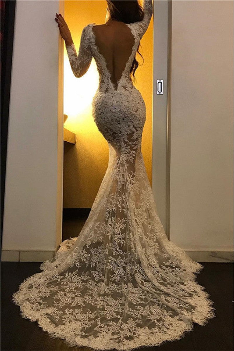 Sexy White V-neck Long Sleeves Front Slit Lace Mermaid Prom Dresses