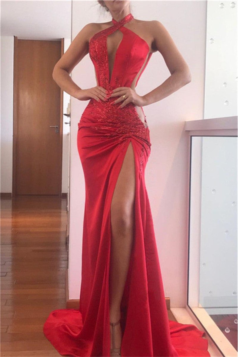 Fashion Red Halter Keyhole Side Slit Sheath Prom Dresses With Appliques