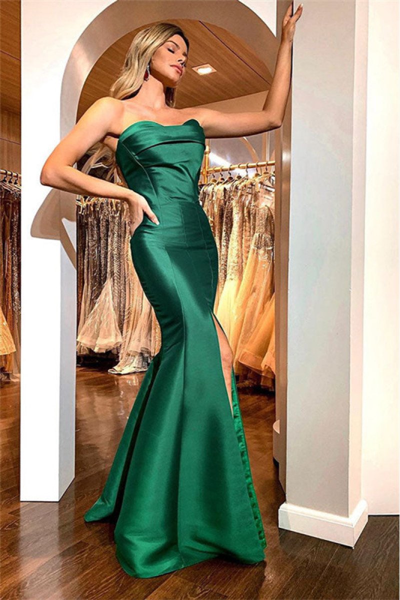 Simple Dark Green Sweetheart Front Slit Mermaid Prom Dresses