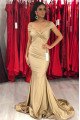 Simple Beige Off Shoulder Mermaid Prom Dresses With Ruffles