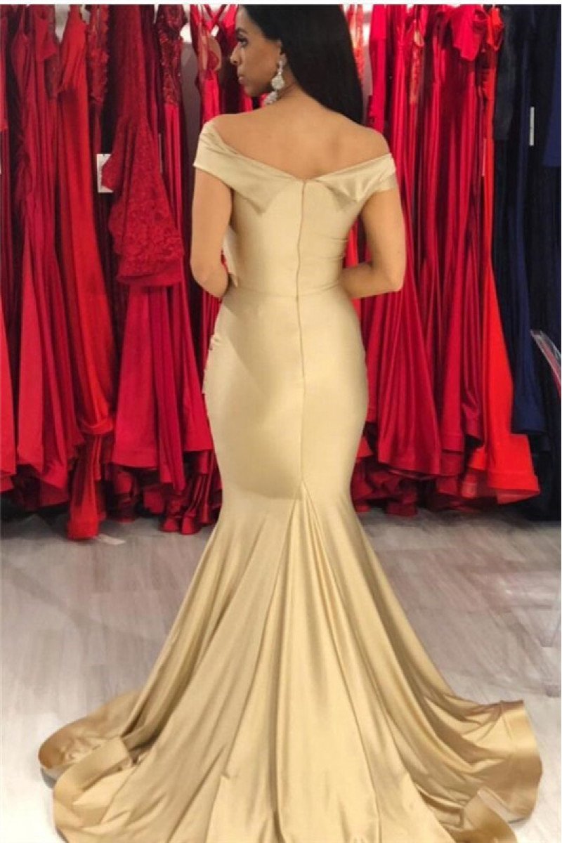 Simple Beige Off Shoulder Mermaid Prom Dresses With Ruffles