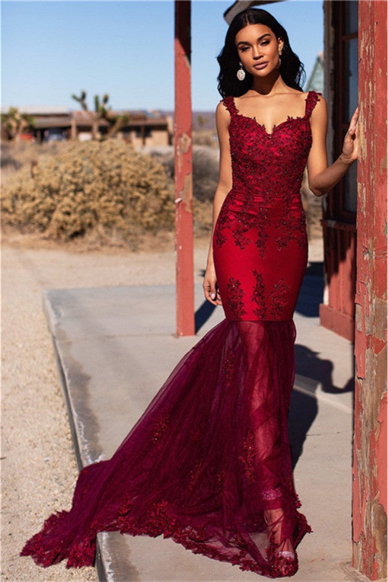 Chic Burgundy Square Mermaid Prom Dresses With Appliques