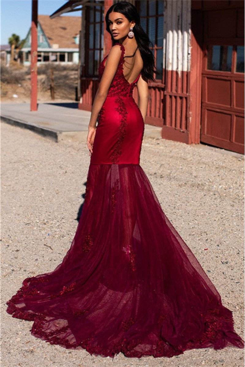 Chic Burgundy Square Mermaid Prom Dresses With Appliques