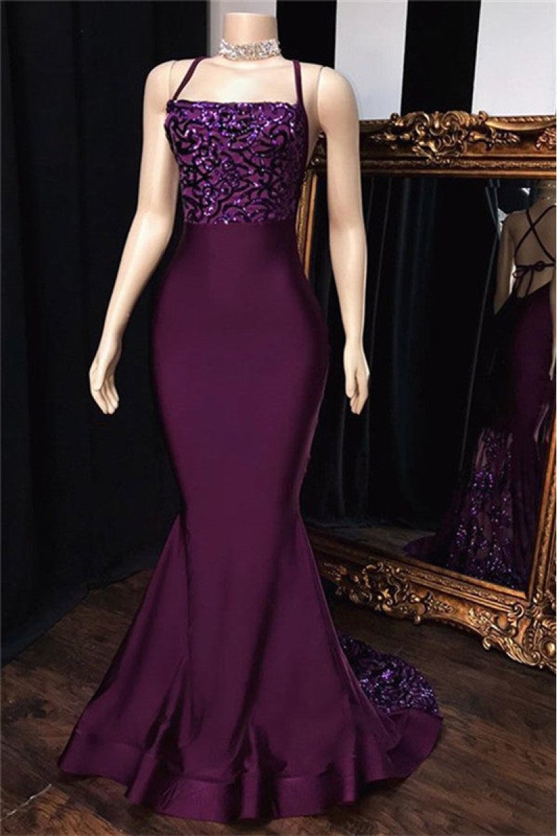 Modern Dark Purple Spaghetti straps Open Back Mermaid Prom Dresses With Sequins