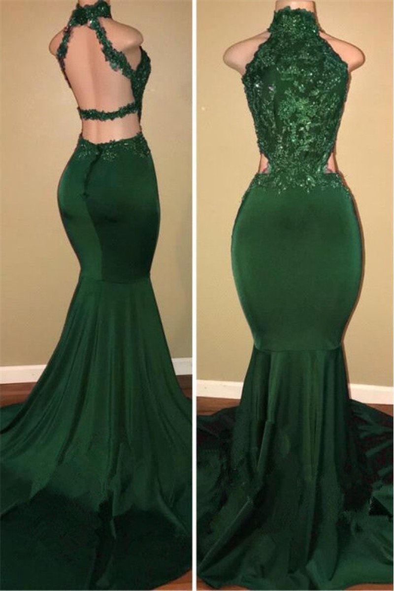 Charming Green High Neck Velvet Mermaid Prom Dresses With Appliques