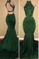 Charming Green High Neck Velvet Mermaid Prom Dresses With Appliques