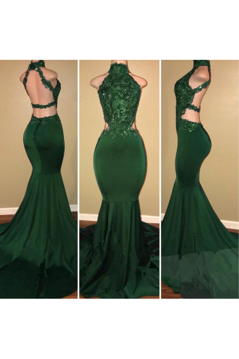 Charming Green High Neck Velvet Mermaid Prom Dresses With Appliques