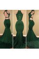 Charming Green High Neck Velvet Mermaid Prom Dresses With Appliques