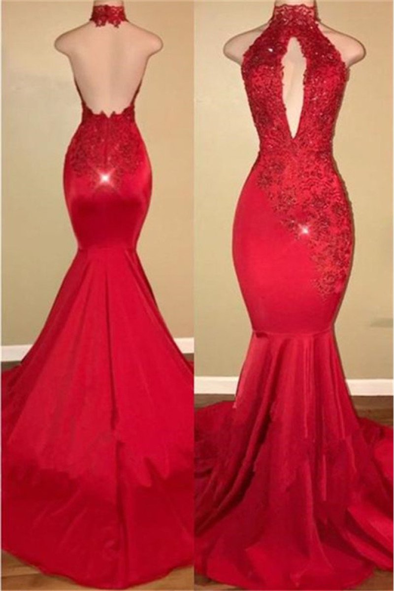 Modern Red High Neck Keyhole Mermaid Prom Dresses With Crystal