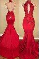 Modern Red High Neck Keyhole Mermaid Prom Dresses With Crystal