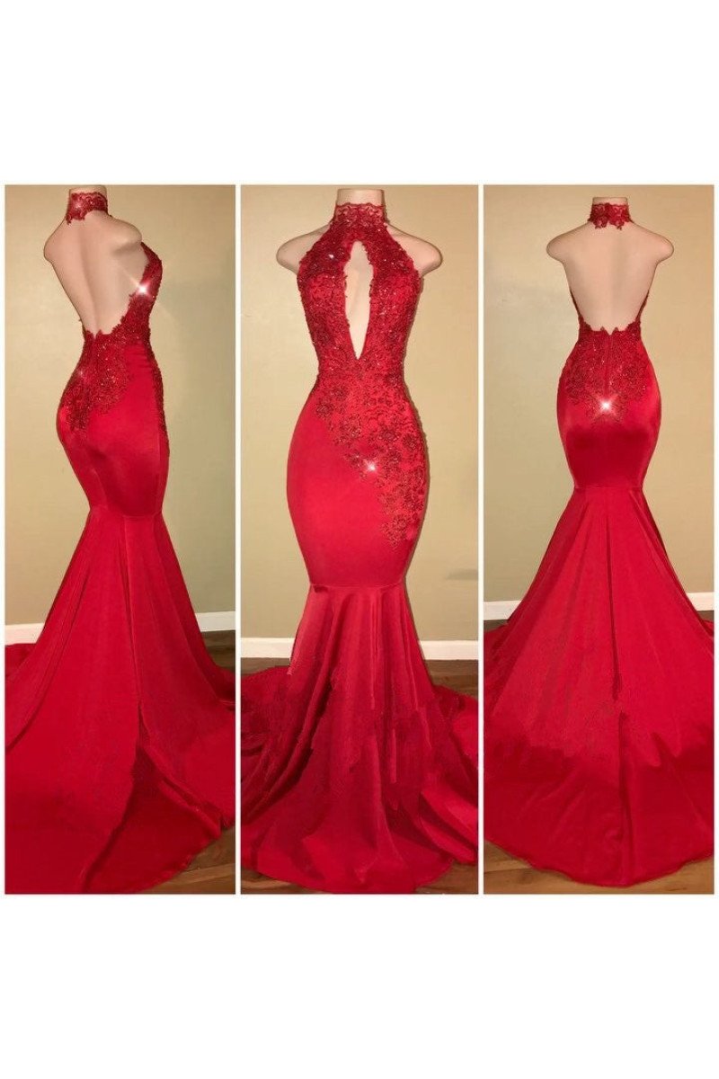 Modern Red High Neck Keyhole Mermaid Prom Dresses With Crystal