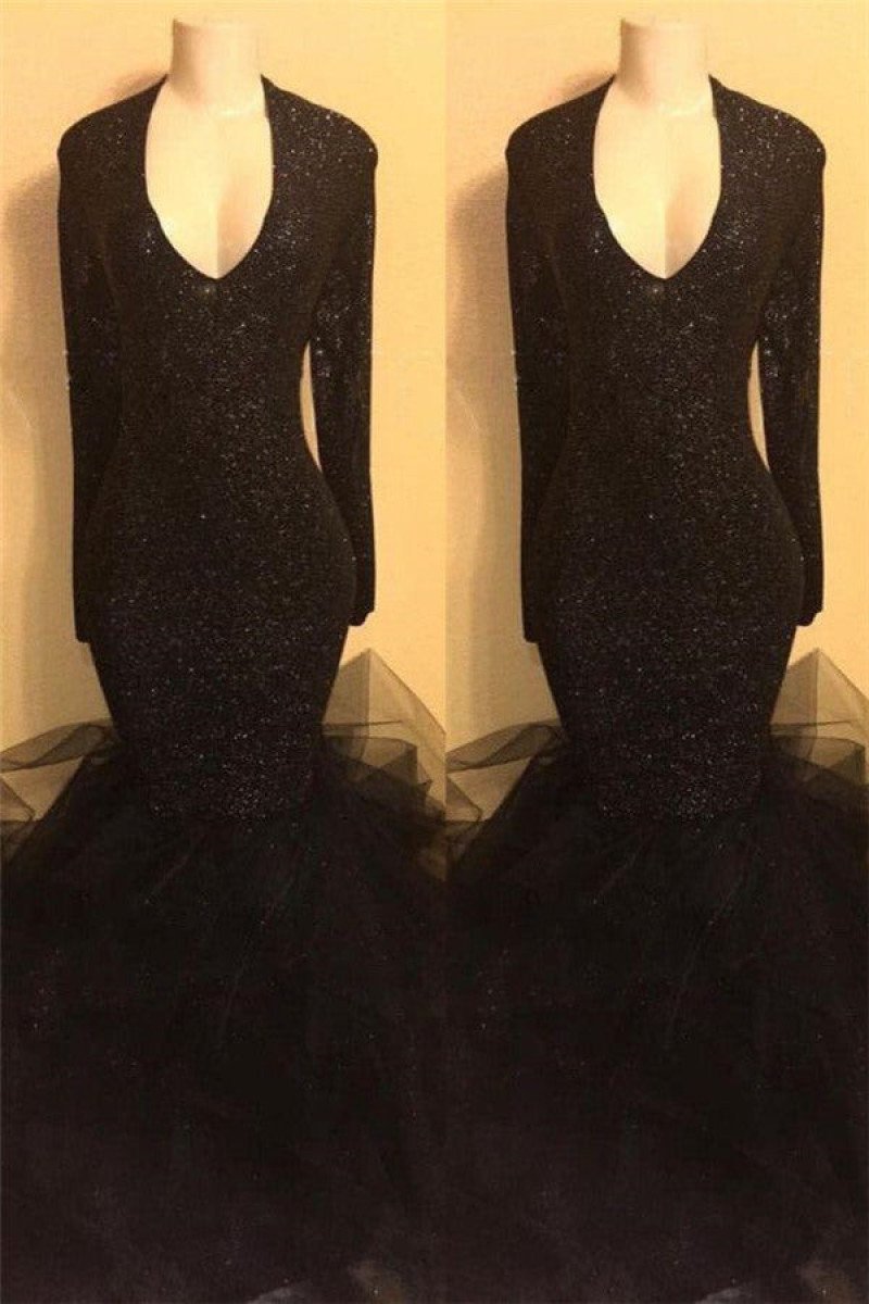 Special Black Sequins V-neck Long Sleeves Mermaid Prom Dresses With Puffy Layers