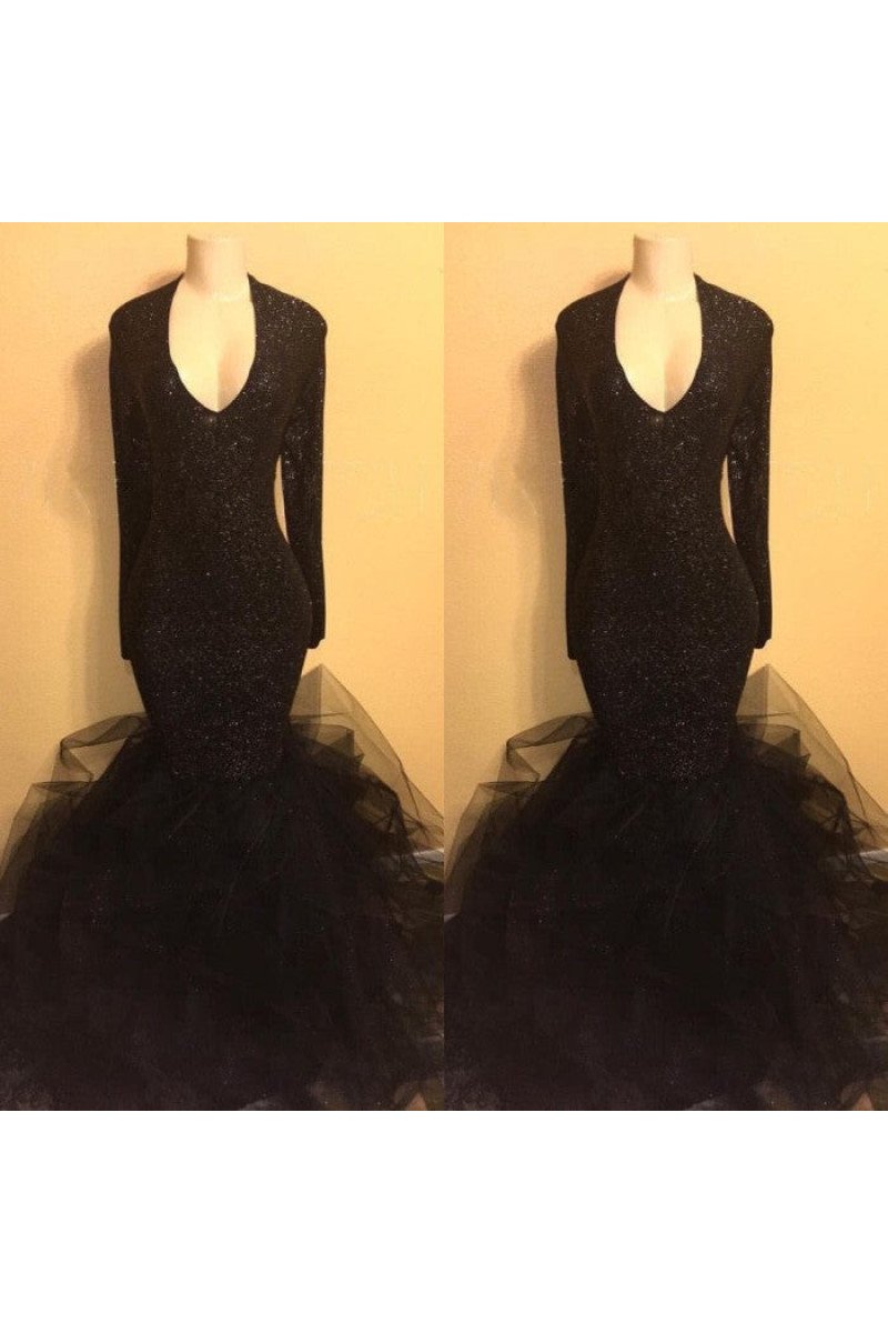 Special Black Sequins V-neck Long Sleeves Mermaid Prom Dresses With Puffy Layers