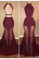 Sexy Burgundy High Neck Open Back Mermaid Prom Dresses With Appliques