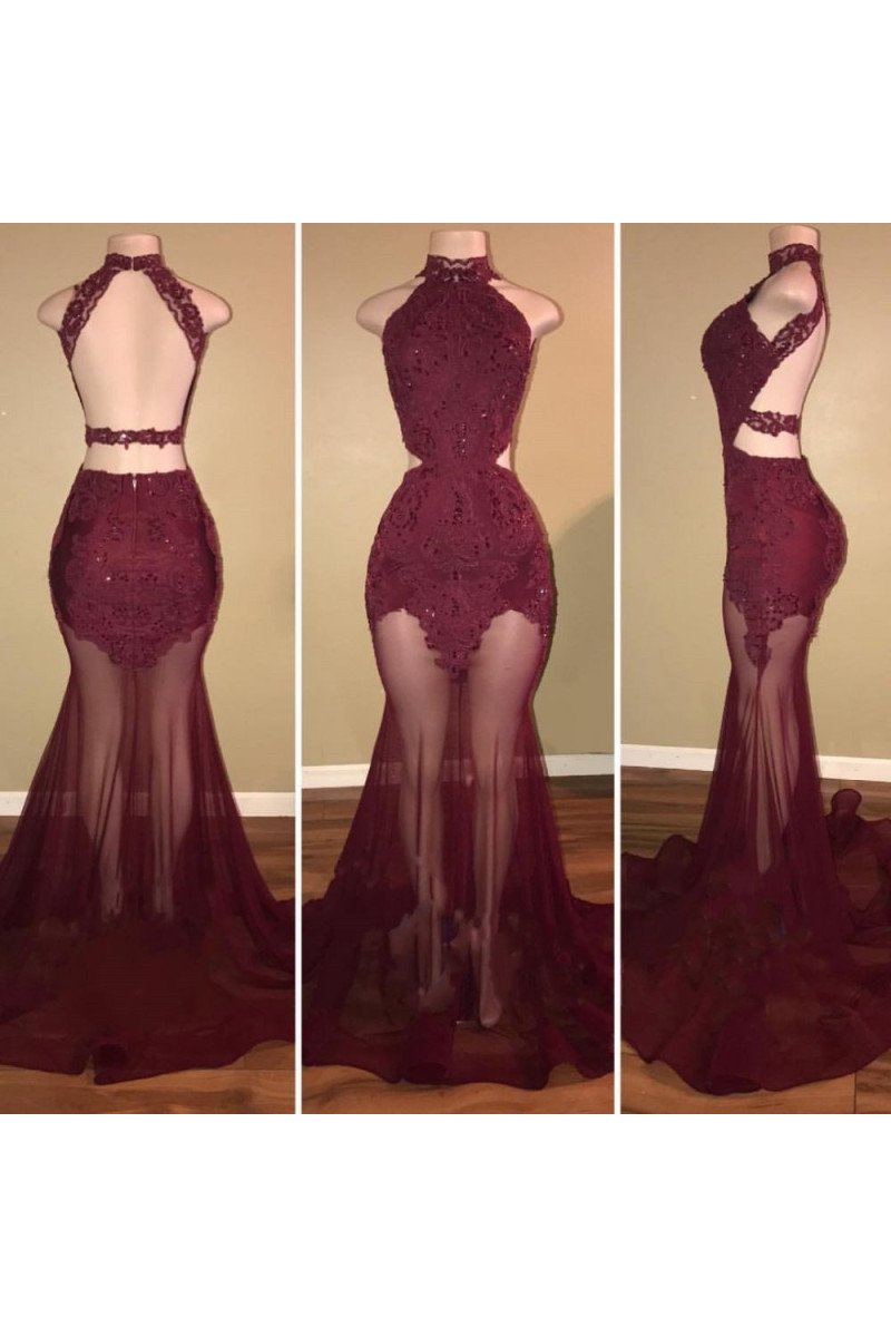 Sexy Burgundy High Neck Open Back Mermaid Prom Dresses With Appliques