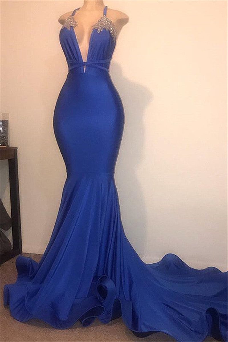 Beautiful Royal Blue Halter Mermaid Prom Dresses With Appliques