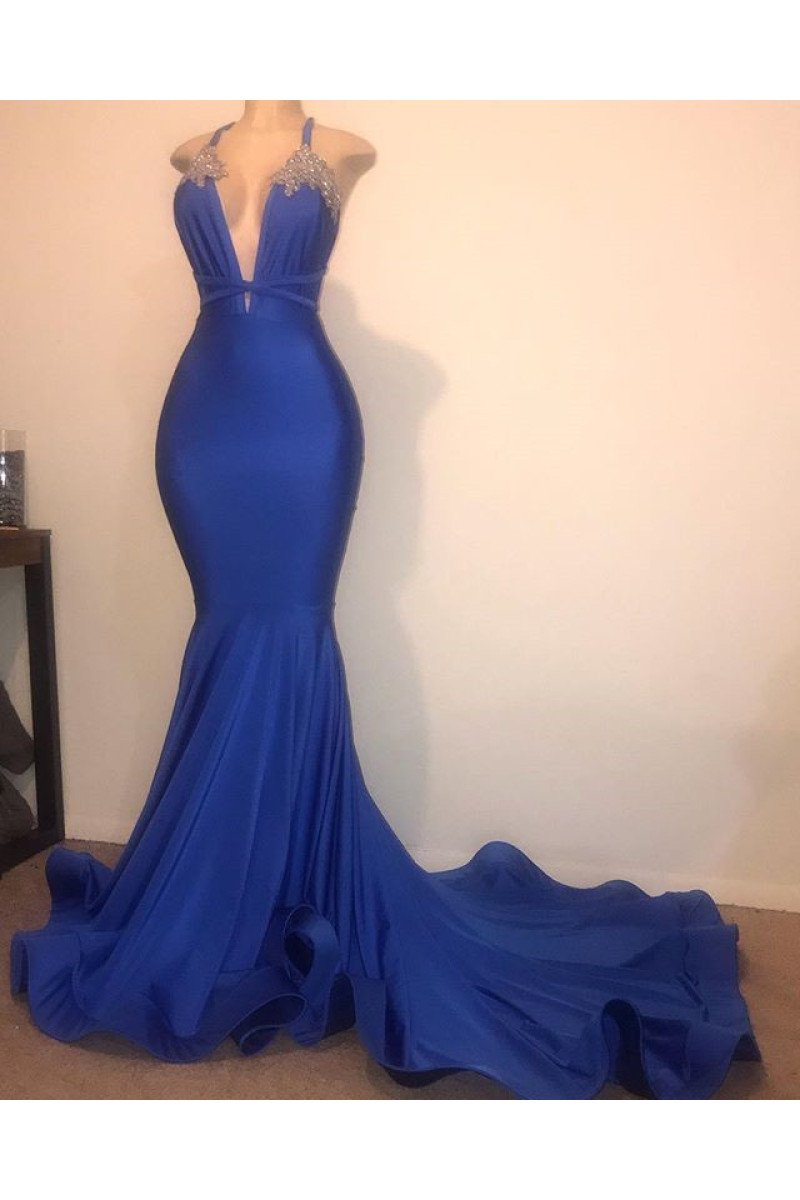 Beautiful Royal Blue Halter Mermaid Prom Dresses With Appliques