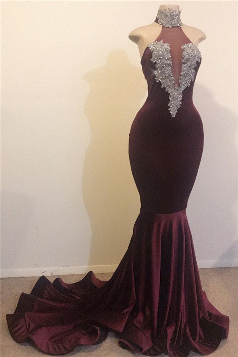 Elegant Burghundy High Collar Velvet Mermaid Prom Dresses With Crystal