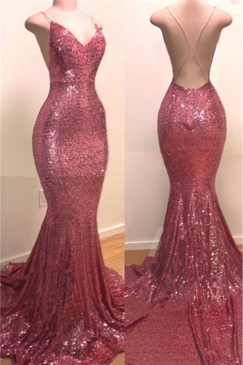 Sparkle Rose Gold Sequins Spaghetti Straps Mermaid Prom Dresses