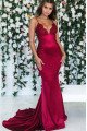 Charming Burgundy Spaghetti Straps Backless Sheath Prom Dresses With Appliques