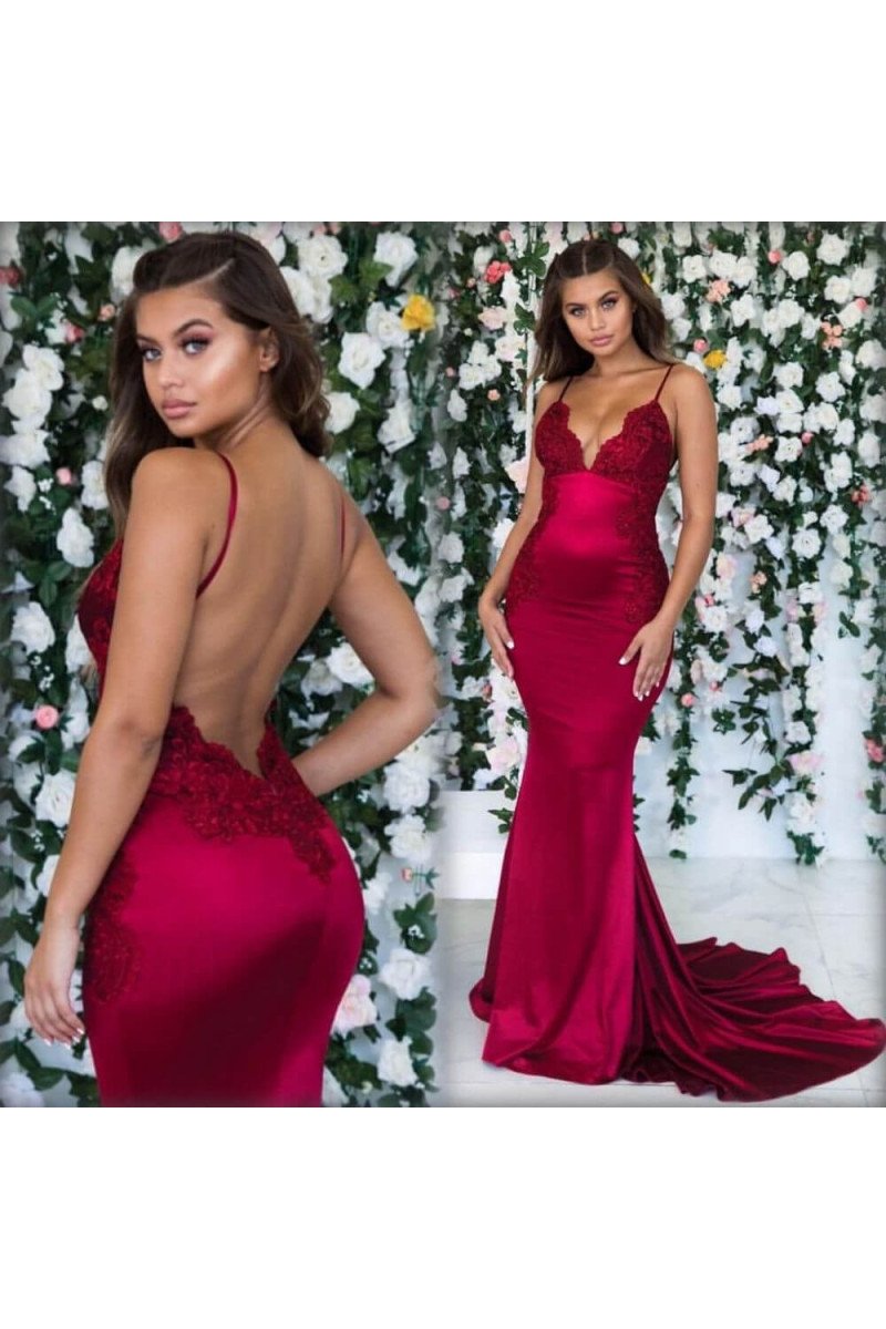 Charming Burgundy Spaghetti Straps Backless Sheath Prom Dresses With Appliques