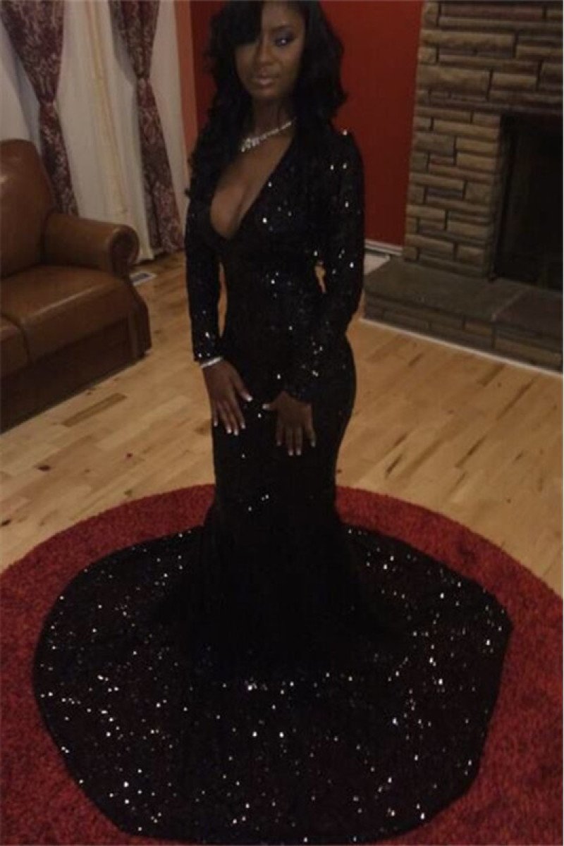 Special Black V-neck Sequins Long Sleeves Mermaid Prom Dresses