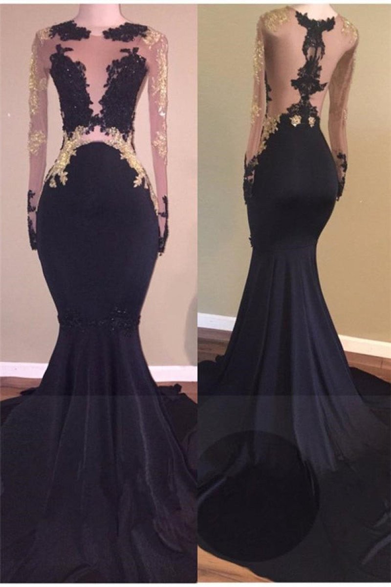 Sexy Black Long Sleeves Open Back Mermaid Prom Dresses With Appliques