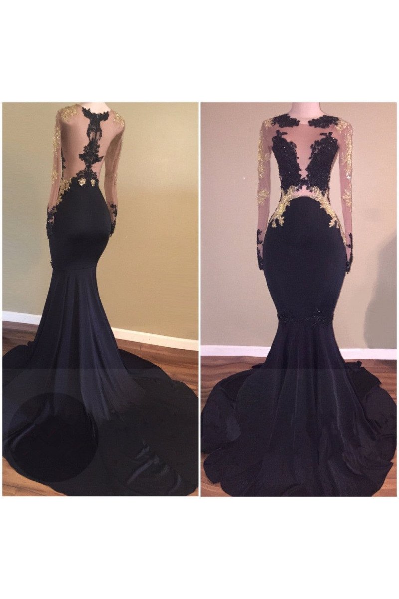 Sexy Black Long Sleeves Open Back Mermaid Prom Dresses With Appliques