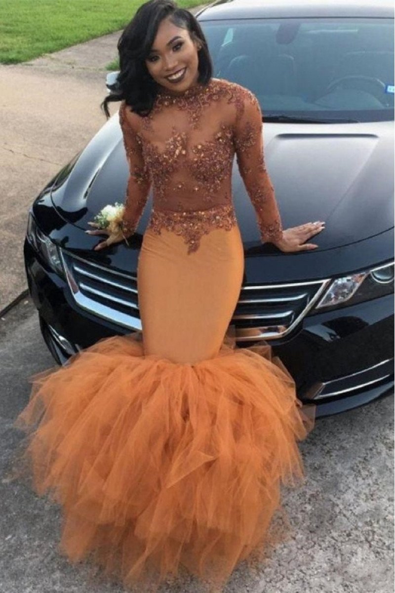 Sexy Orange Long Sleeves Puffy Layers Mermaid Prom Dresses With Appliques