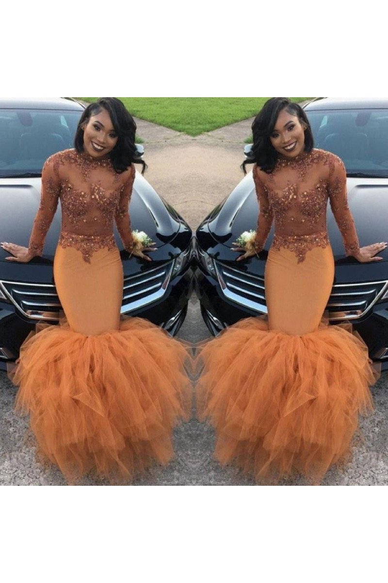 Sexy Orange Long Sleeves Puffy Layers Mermaid Prom Dresses With Appliques