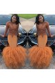 Sexy Orange Long Sleeves Puffy Layers Mermaid Prom Dresses With Appliques