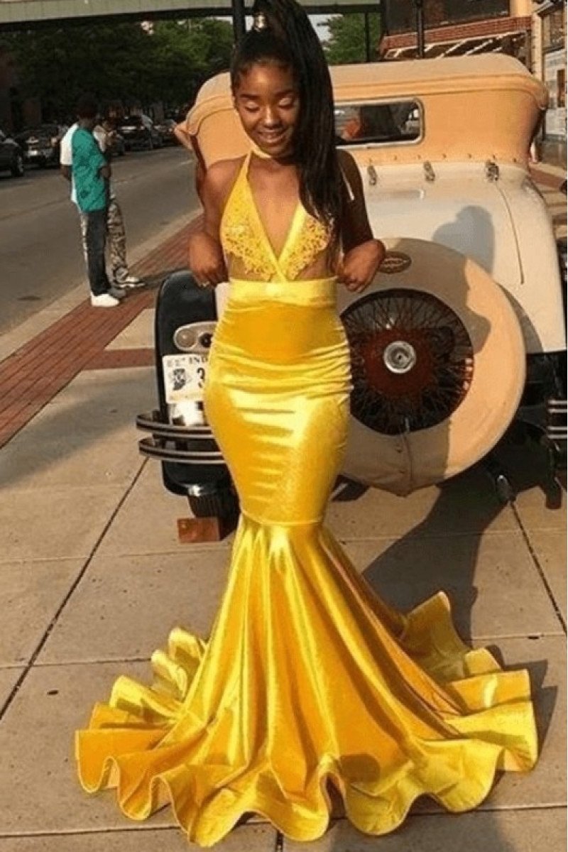 Sparkle Gold Halter Velvet Mermaid Prom Dresses With Appliques