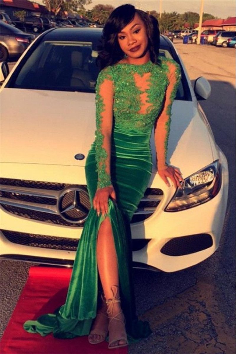 Sexy Green Open Back Long Sleeves Velvet Mermaid Prom Dresses With Appliques