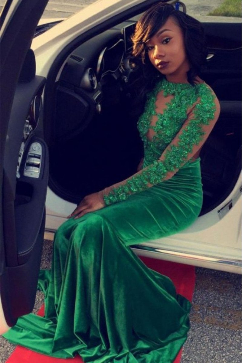 Sexy Green Open Back Long Sleeves Velvet Mermaid Prom Dresses With Appliques