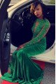 Sexy Green Open Back Long Sleeves Velvet Mermaid Prom Dresses With Appliques