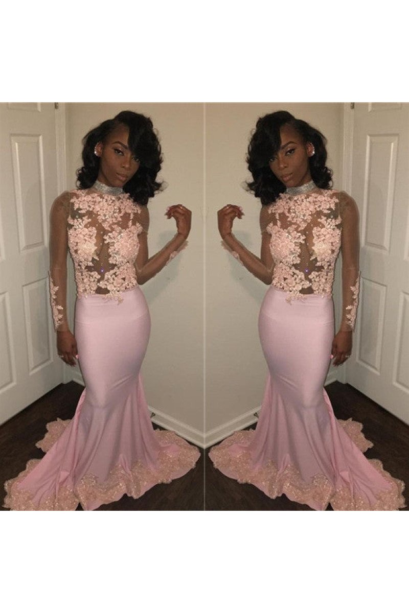 Charming Pink High Neck Long Sleeves Mermaid Prom Dresses With Appliques