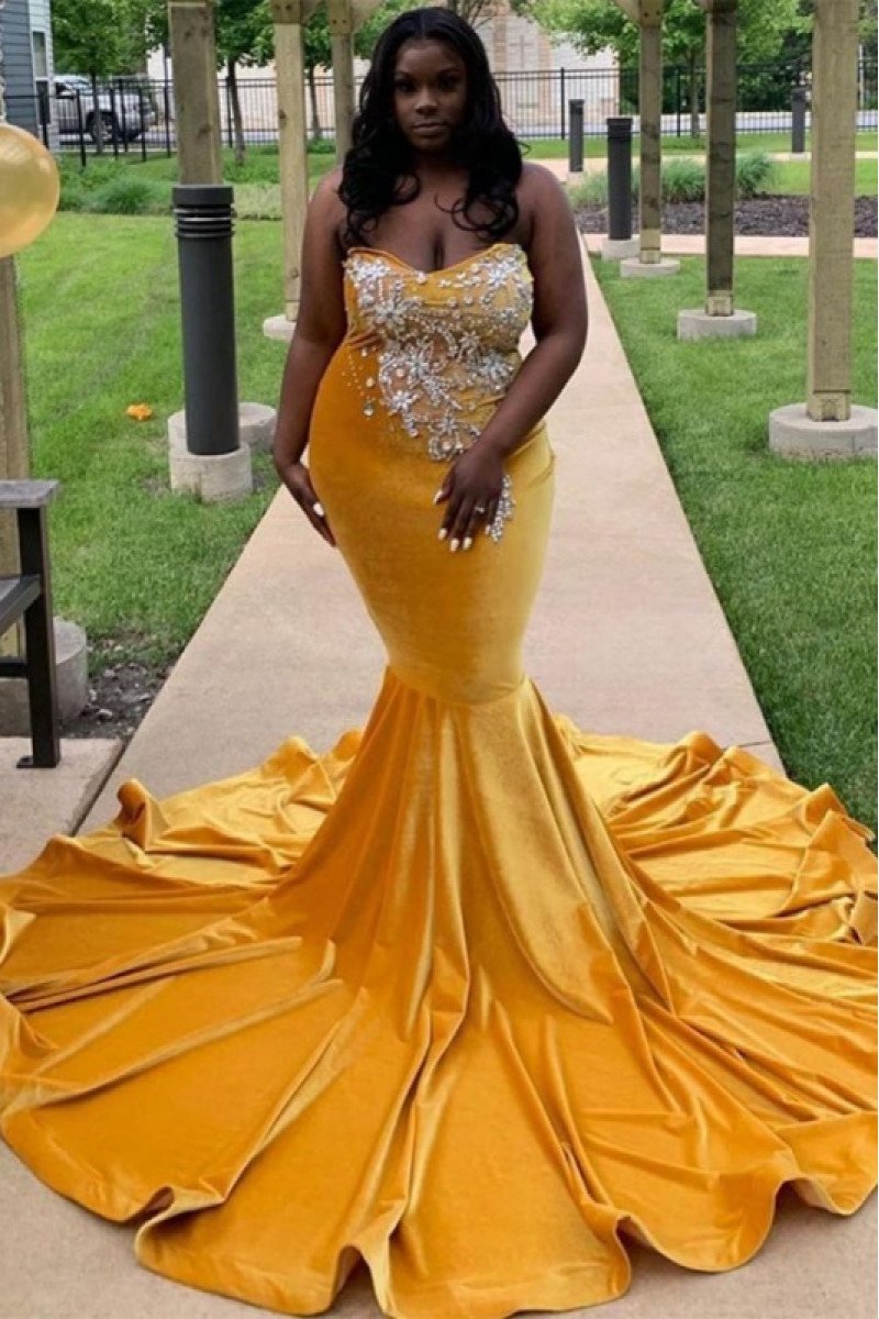 Generous Gold Sweetheart Velvet Oversize Mermaid Prom Dresses With Crystal