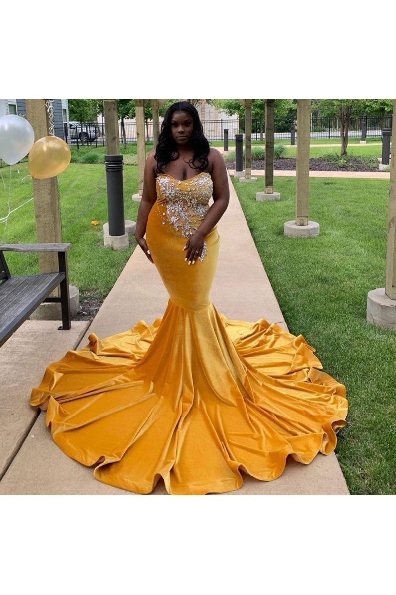 Generous Gold Sweetheart Velvet Oversize Mermaid Prom Dresses With Crystal