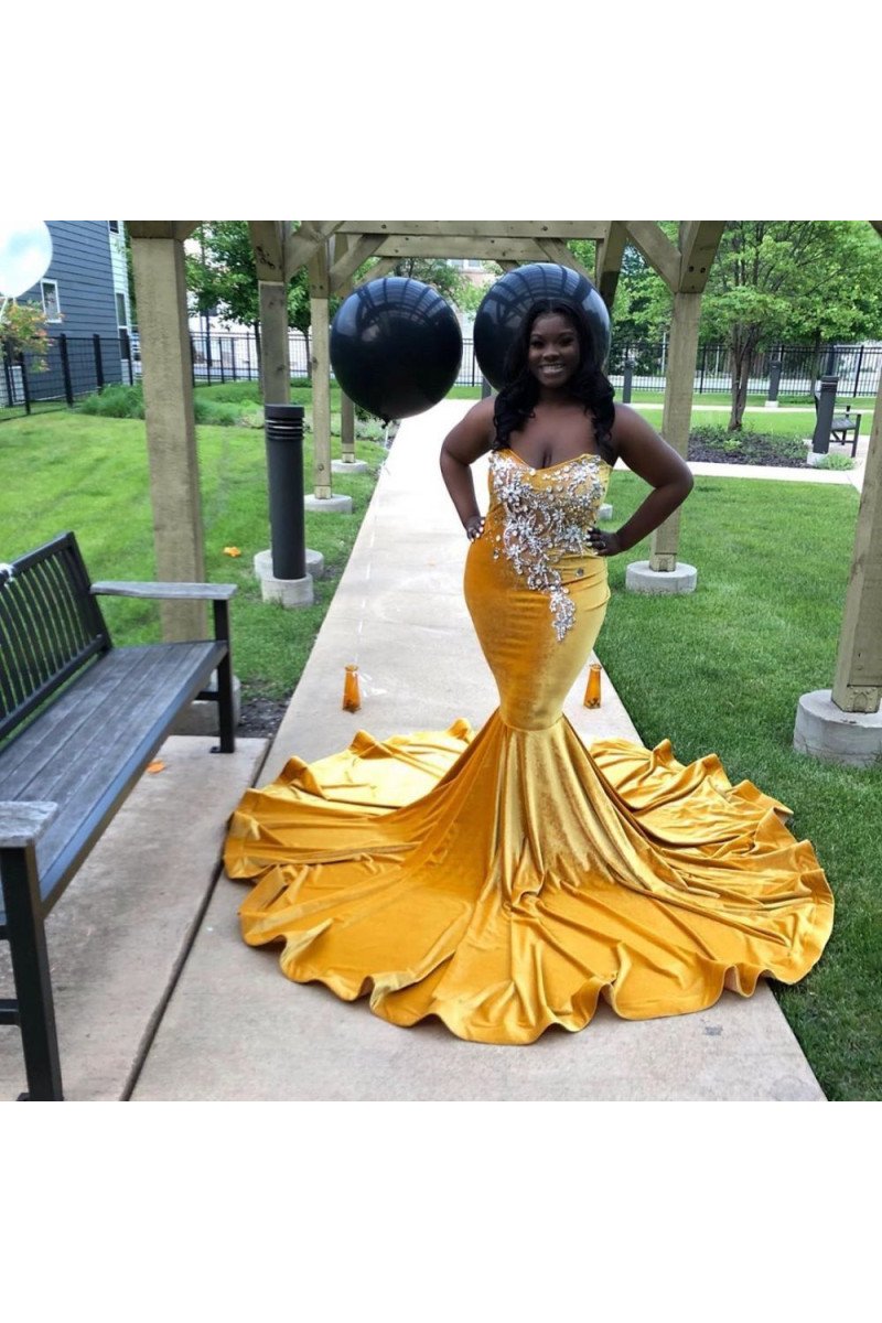 Generous Gold Sweetheart Velvet Oversize Mermaid Prom Dresses With Crystal