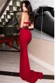 Sexy Burgundy High Neck Backless Appliques Sheath Prom Dresses