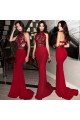 Sexy Burgundy High Neck Backless Appliques Sheath Prom Dresses